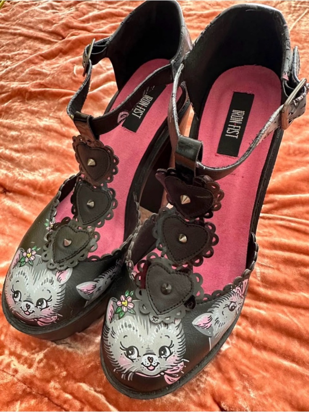 Iron Fist Black Mary Janes with Pink Kitty Insole